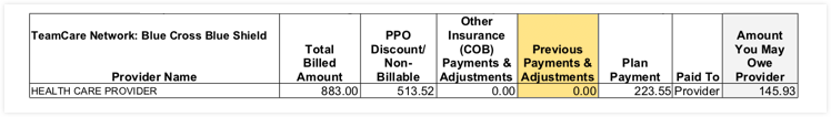 EOB section previous payments